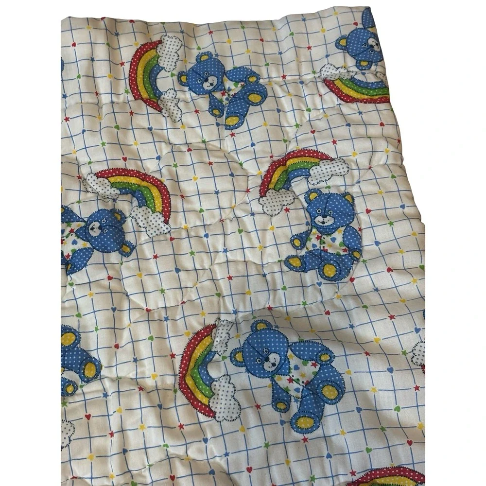 Vintage Quilted Baby Blanket Blue Polka Dot Bear Rainbow Cloud White 32x44‎